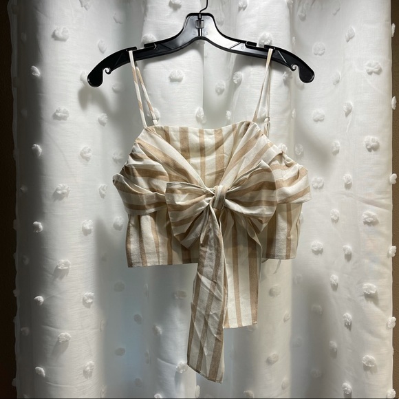 Ivory & Tan Striped Crop Top with Bow - Picture 1 of 4